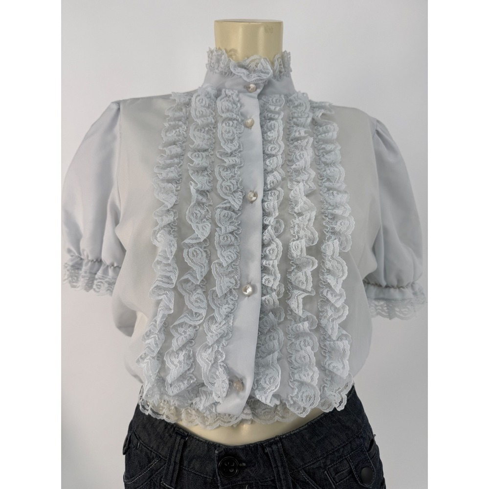 Vintage 80s Leslie Ann Lace Ruffle Victorian Secretary Blouse White USA Large